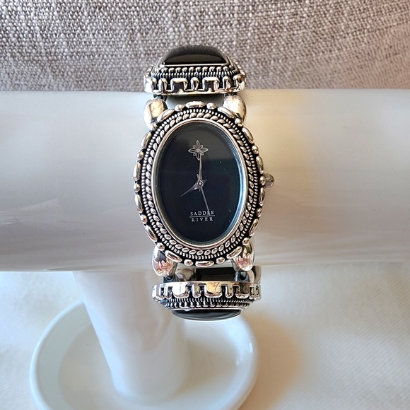 Vintage black glass bracelet watch. Brand-Saddle River.  Stretch band - Picture 1 of 6